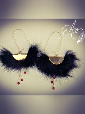 Elegant Native American Black Fur Red Rhinestone Gold Drop Statement Earrings
